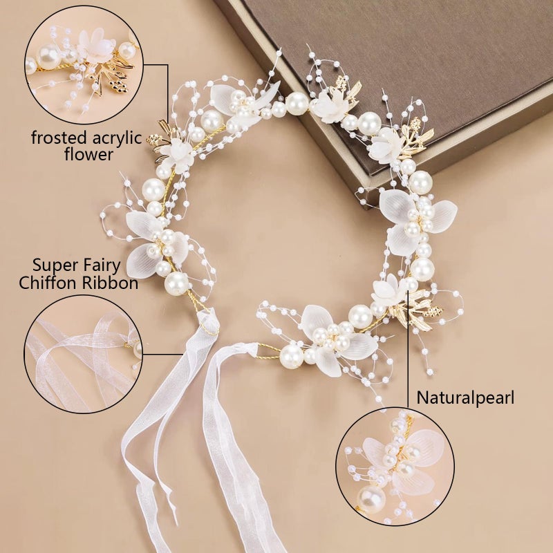 YOUlDIANZI Flower Girl Princess Headpiece, Pearl Bridal Hair Accessory for Kids, Women Wedding Hair Band (Gold) - Image 2