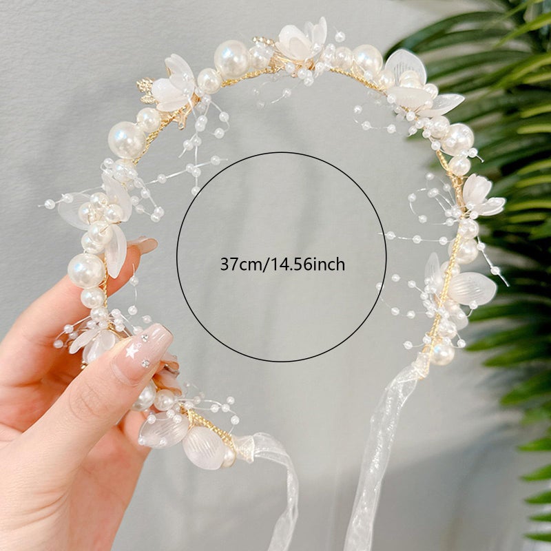 YOUlDIANZI Flower Girl Princess Headpiece, Pearl Bridal Hair Accessory for Kids, Women Wedding Hair Band (Gold) - Image 3