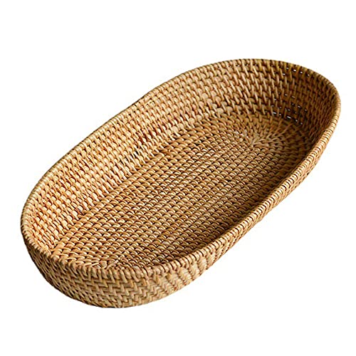 i-lan 17 Inch Long Narrow Oval Serving Basket, Boho Handmade Rattan Bowl Basket With 2 Inch Side,Decorative Loaf,Bread,Rolls,Fruit,Snack Flat Wicker Tray for Serving,Brown - Image 1