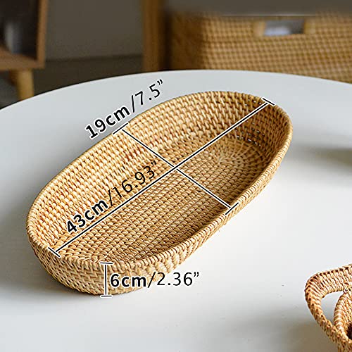 i-lan 17 Inch Long Narrow Oval Serving Basket, Boho Handmade Rattan Bowl Basket With 2 Inch Side,Decorative Loaf,Bread,Rolls,Fruit,Snack Flat Wicker Tray for Serving,Brown - Image 2
