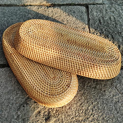 i-lan 17 Inch Long Narrow Oval Serving Basket, Boho Handmade Rattan Bowl Basket With 2 Inch Side,Decorative Loaf,Bread,Rolls,Fruit,Snack Flat Wicker Tray for Serving,Brown - Image 5