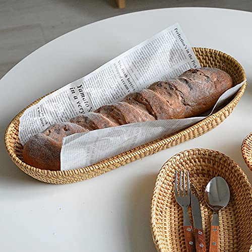 i-lan 17 Inch Long Narrow Oval Serving Basket, Boho Handmade Rattan Bowl Basket With 2 Inch Side,Decorative Loaf,Bread,Rolls,Fruit,Snack Flat Wicker Tray for Serving,Brown - Image 3