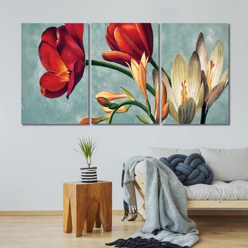 Marktna Three modern canvas paintings with a floral design and a hollow frame, measuring (90×40), three pieces - Image 1