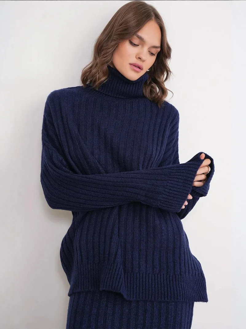 Mixray Navy Blue Mixray Oversize Ribbed Turtleneck Sweater for Women | Best Price UAE