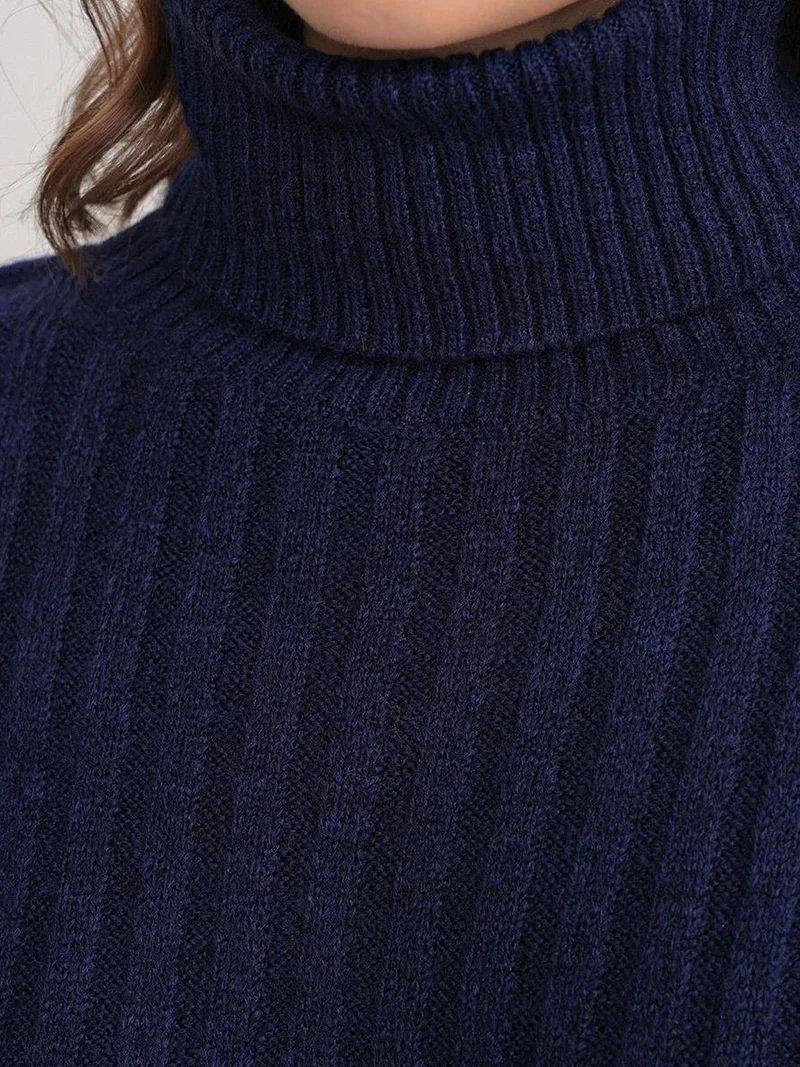 Mixray Navy Blue Mixray Oversize Ribbed Turtleneck Sweater for Women | Best Price UAE