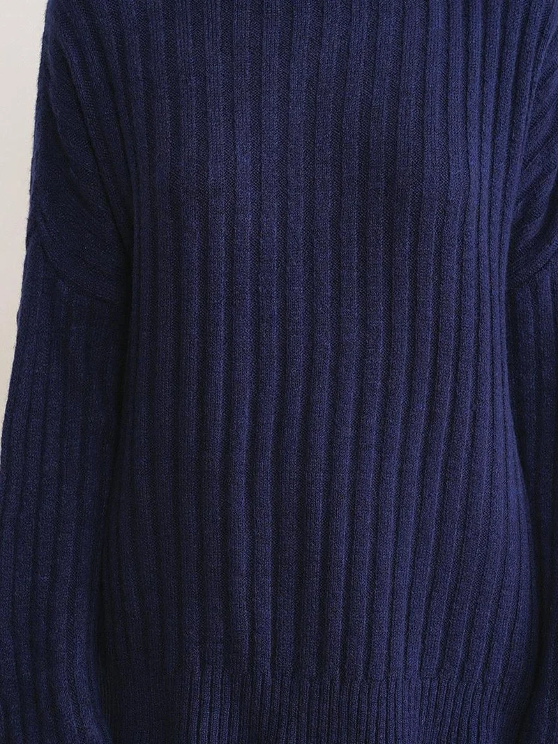Mixray Navy Blue Mixray Oversize Ribbed Turtleneck Sweater for Women | Best Price UAE