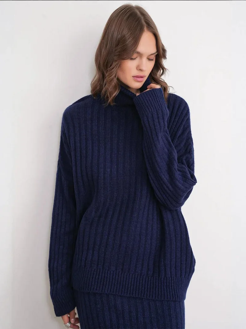 Mixray Navy Blue Mixray Oversize Ribbed Turtleneck Sweater for Women | Best Price UAE