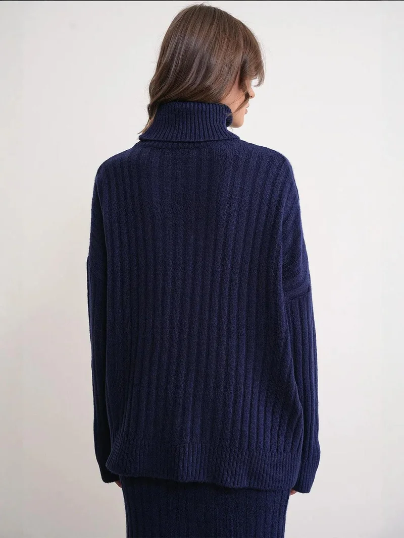 Mixray Navy Blue Mixray Oversize Ribbed Turtleneck Sweater for Women | Best Price UAE