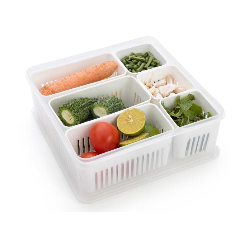 Marmik Fridge Storage Box Freezer Storage Containers Kitchen Organizer Container With Lid Vegetable Storage Drain Basket 6 Grid Large Box - Image 1