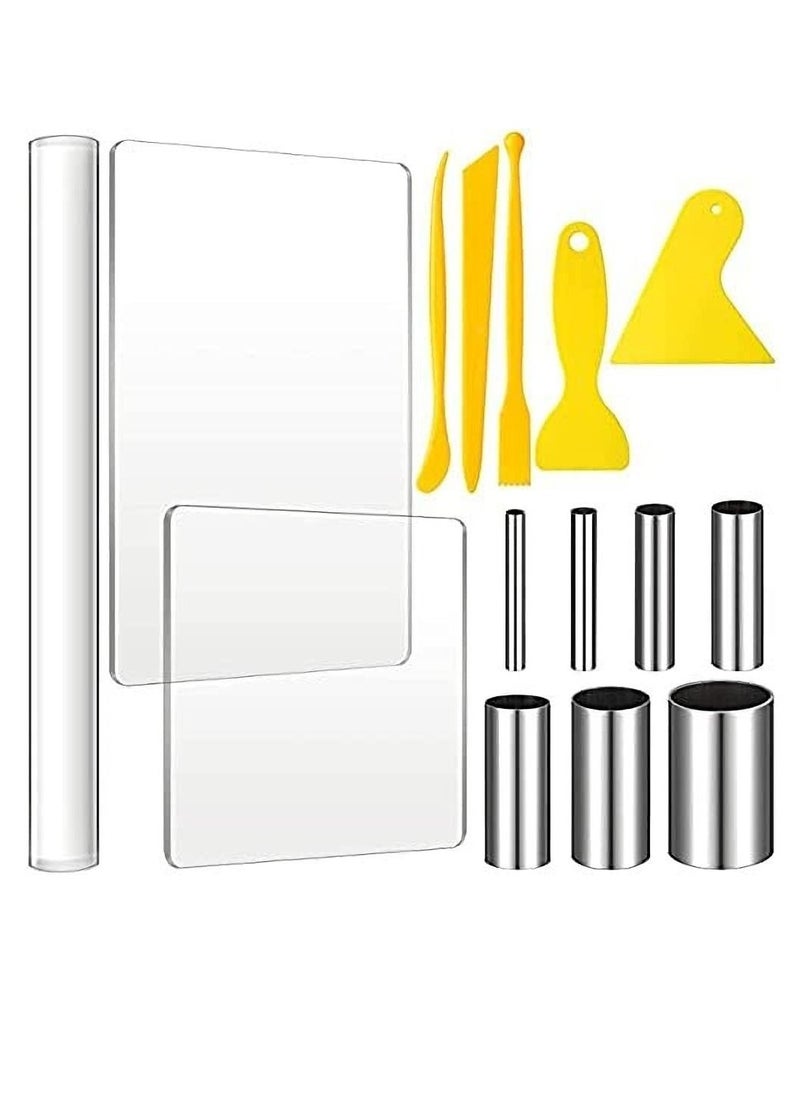 Excefore - 15 PCS Polymer Clay DIY Tool Set Includes Acrylic Roller Sheets Plastic Scraper Backing Board Stainless Steel Round Circle Shape Cutter Modeling - Image 1