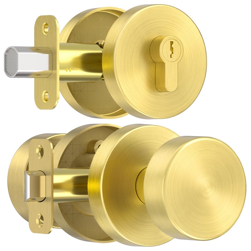 naubea Gold Door Knob with Deadbolt Lock Satin Brass Front Door Handle with Deadbolt Lock Set Round Deadbolt and Exterior Door Knob with Key
