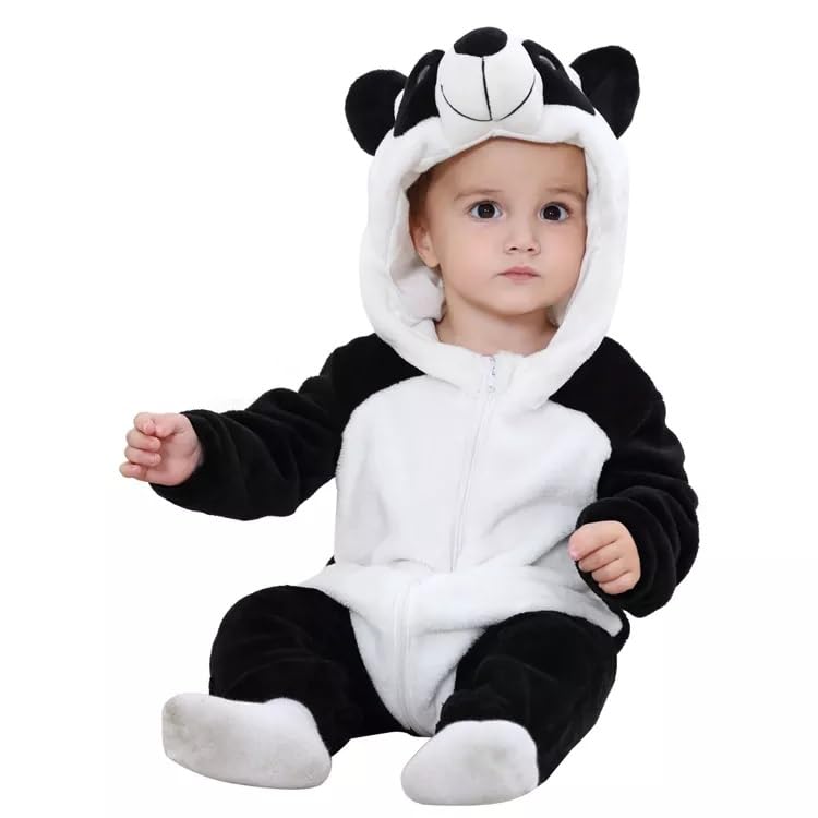 BRANDONN Unisex Baby Flannel Jumpsuit Panda Style Cosplay Clothes Bunting Outfits Snowsuit Hooded Romper Outwear (Black Panda, 6-9 Months) - Image 1