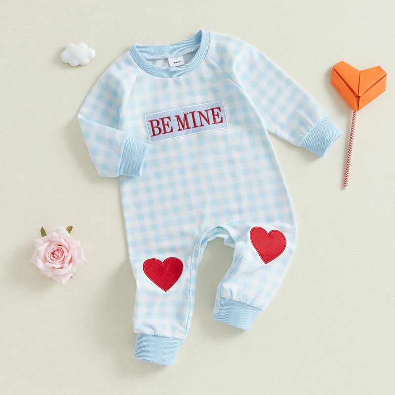 Mieeyali Baby Boy Valentines Day Outfit Be Mine Heart Romper Gingham Long Sleeve Jumpsuit Newborn Clothes (Blue Be Mine B, 6-12 Months) - Image 3