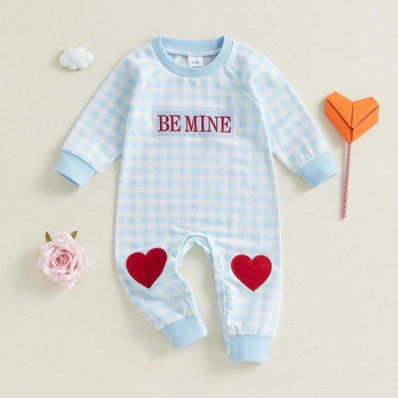 Mieeyali Baby Boy Valentines Day Outfit Be Mine Heart Romper Gingham Long Sleeve Jumpsuit Newborn Clothes (Blue Be Mine B, 6-12 Months) - Image 2