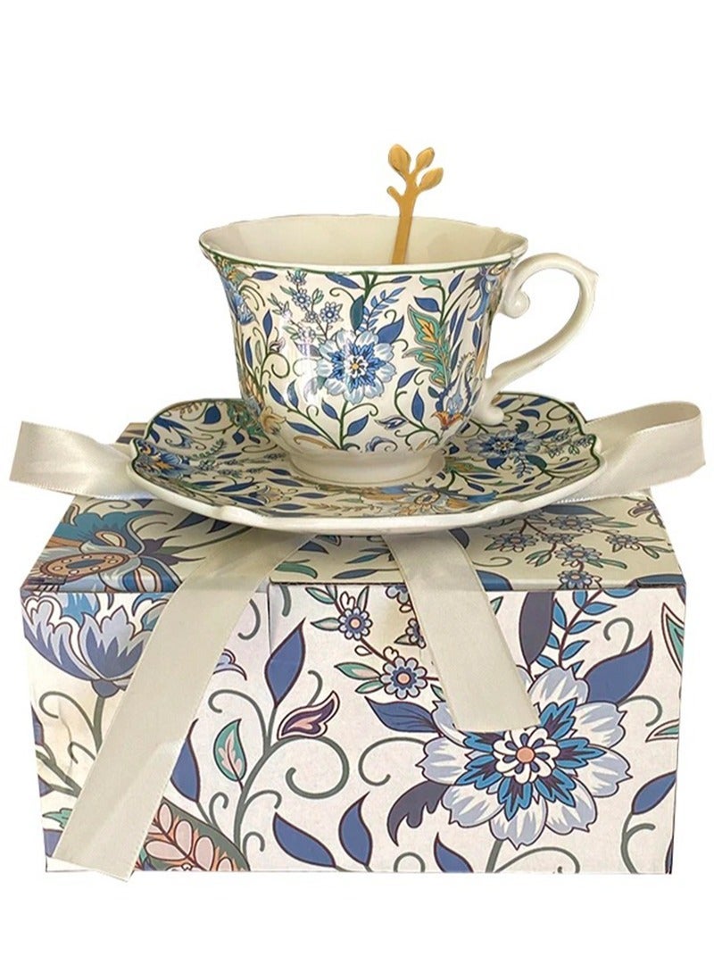 Aikanbo Ceramic Coffee Cup 3-Piece Gift Set，Vintage Retro Blue and White Collection，Perfect for Espresso，Tea or Coffee Lovers，Gift Boxed for Home，Office or Special Occasion (Coffee Cup + Saucer + Spoon) - Image 1