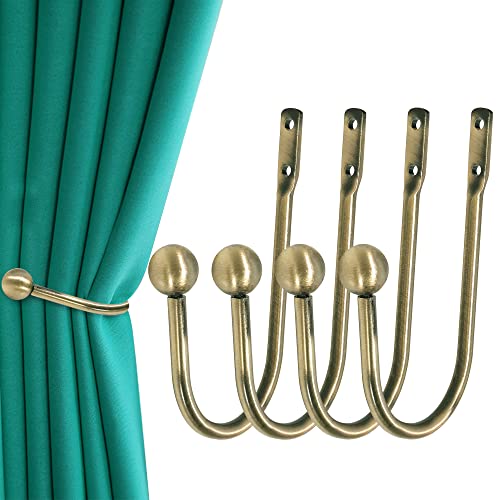 HEMOUR Curtain Holdback, 4 Pcs Wall Mounted Drapery Tiebacks with Screws, Heavy Duty Metal Decorative Window Drapery Holder Curtain Hook, Brass - Image 1