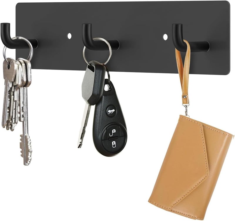 RELBRO Key Holder Wall Mount, Black Metal Key Hanger Self Adhesive Key Rail with 3 Key Hooks Key Rack Organizer 2 Options Installation for Entryway Hallway Kitchen RV Camper - Image 1