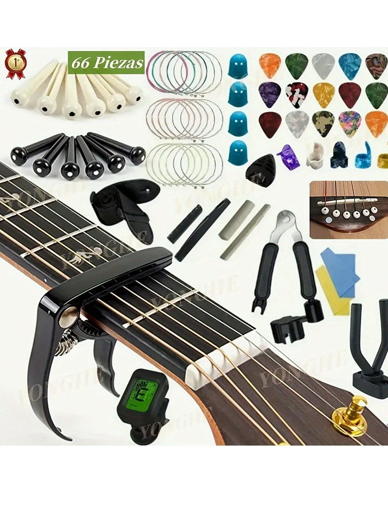 Generic 66pcs Guitar Accessories Kit  Acoustic Guitar Changing Tool, Including Acoustic Strings Guitar Picks Capo  String WinderCutter Tuner Guitar Bones for Guitar Players and Guitar Beginners  - Image 1