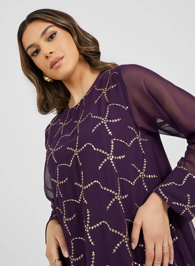 ستايلي Embroidered Sequined Round Neck Jalabyia