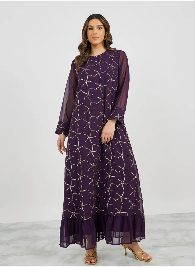 ستايلي Embroidered Sequined Round Neck Jalabyia