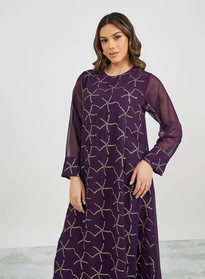 ستايلي Embroidered Sequined Round Neck Jalabyia