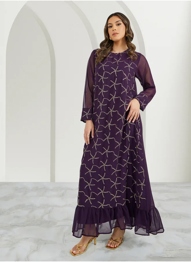 ستايلي Embroidered Sequined Round Neck Jalabyia