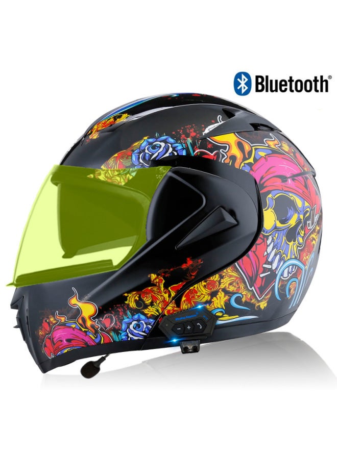 Men's Open-Face Bluetooth Electric Motorcycle Helmet, Bright Black Skull, Night Visor, 3C Certified