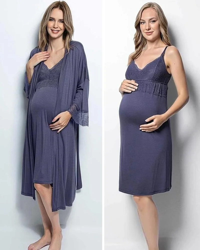 موناميسي 18428 Navy Blue Pregnant Maternity Nightgown Dressing Gown Tk