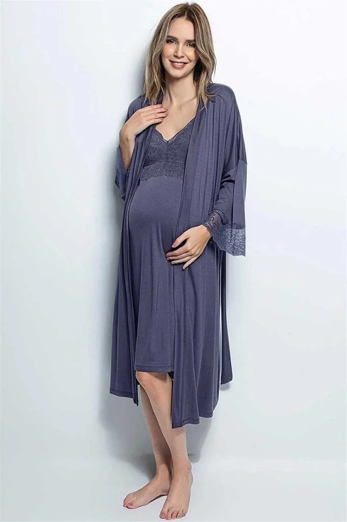 موناميسي 18428 Navy Blue Pregnant Maternity Nightgown Dressing Gown Tk