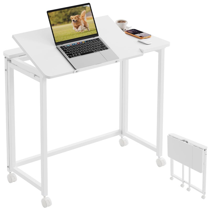 GreenForest Folding Desk with Adjustable Tiltable Desktop 0-90Â°, 31.5 inch Small Drafting Table with Wheels, Foldable Craft Table for Drawing, Reading, Writing, Laptop, Work, White - Image 1