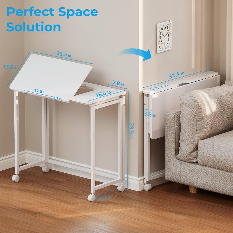 GreenForest Folding Desk with Adjustable Tiltable Desktop 0-90Â°, 31.5 inch Small Drafting Table with Wheels, Foldable Craft Table for Drawing, Reading, Writing, Laptop, Work, White - Image 3