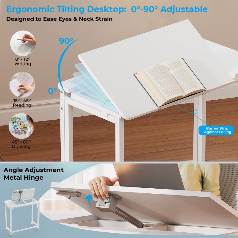 GreenForest Folding Desk with Adjustable Tiltable Desktop 0-90Â°, 31.5 inch Small Drafting Table with Wheels, Foldable Craft Table for Drawing, Reading, Writing, Laptop, Work, White - Image 4