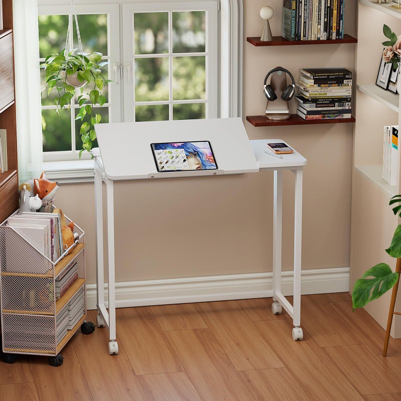 GreenForest Folding Desk with Adjustable Tiltable Desktop 0-90Â°, 31.5 inch Small Drafting Table with Wheels, Foldable Craft Table for Drawing, Reading, Writing, Laptop, Work, White - Image 2