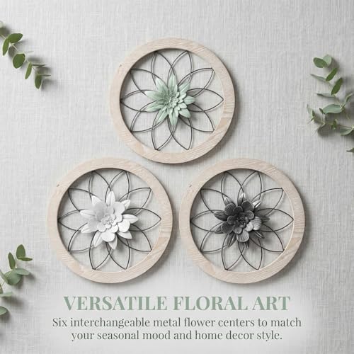 AIM & GGKK 3 Piece Round Farmhouse Wall Decor Set with Interchangeable Metal Flower, 12 Inch Rustic Wall Art for Living Room, Kitchen, Dining Room, Bedroom Modern Farmhouse Style - Image 3