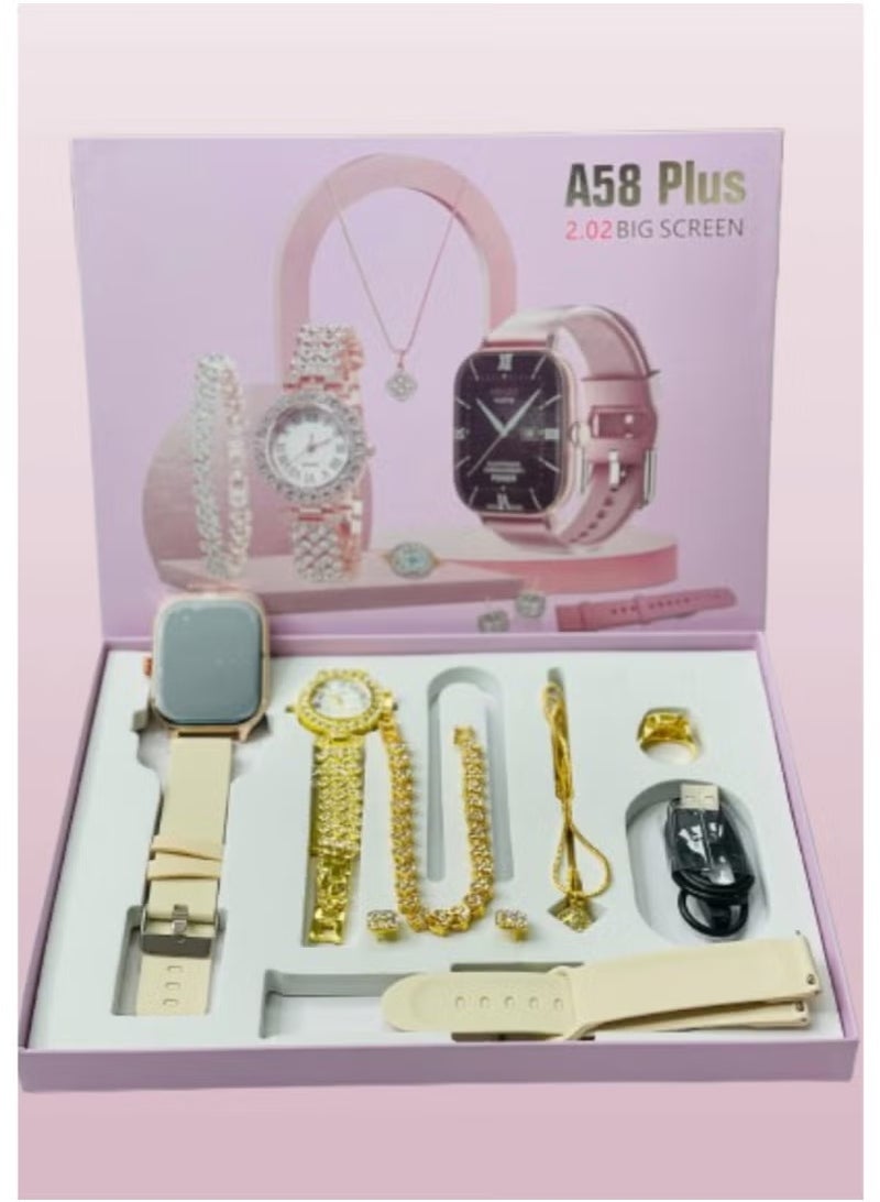 vesus Smart Watch 10 with 2.02 Big screen , stylish girls watch with braslate and jwellery set neckless , ring with 2 straps  - Image 1