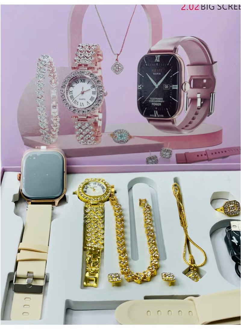 vesus Smart Watch 10 with 2.02 Big screen , stylish girls watch with braslate and jwellery set neckless , ring with 2 straps  - Image 5