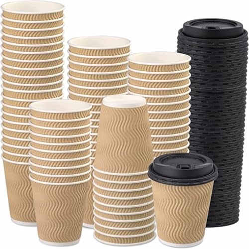 SHOP  SHOPPEE SHOP & SHOPPEE Disposable Ripple Paper Cups with lids,EcoFriendly, Hygienic for Hot & Cold Drink in Party, Social Gathering, Weddings| Hot Beverage Glass Cup(250ml,Brown Cup,Black Lid)(25 Pcs Each) - Image 1