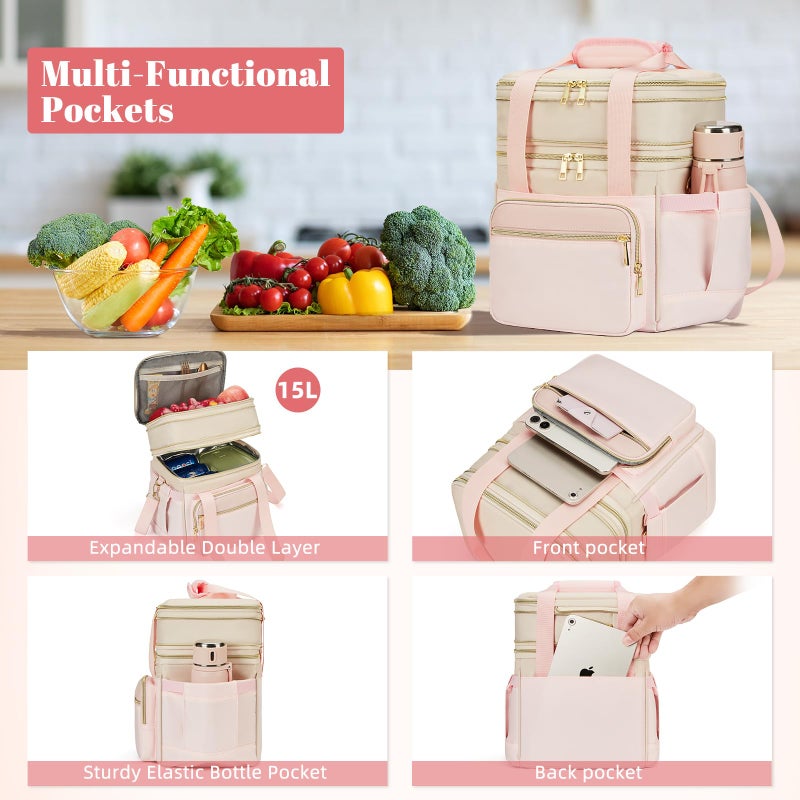holuxer Insulated Lunch Bag & Lunch Box for Women - Double Deck Reusable Lunch Bag for men Tote Cooler Bag Leakproof Soft Expandable - Large Lunchbox for Work/Adult/Picnic/Outdoor (Pinkï¼Œ15L) - Image 3