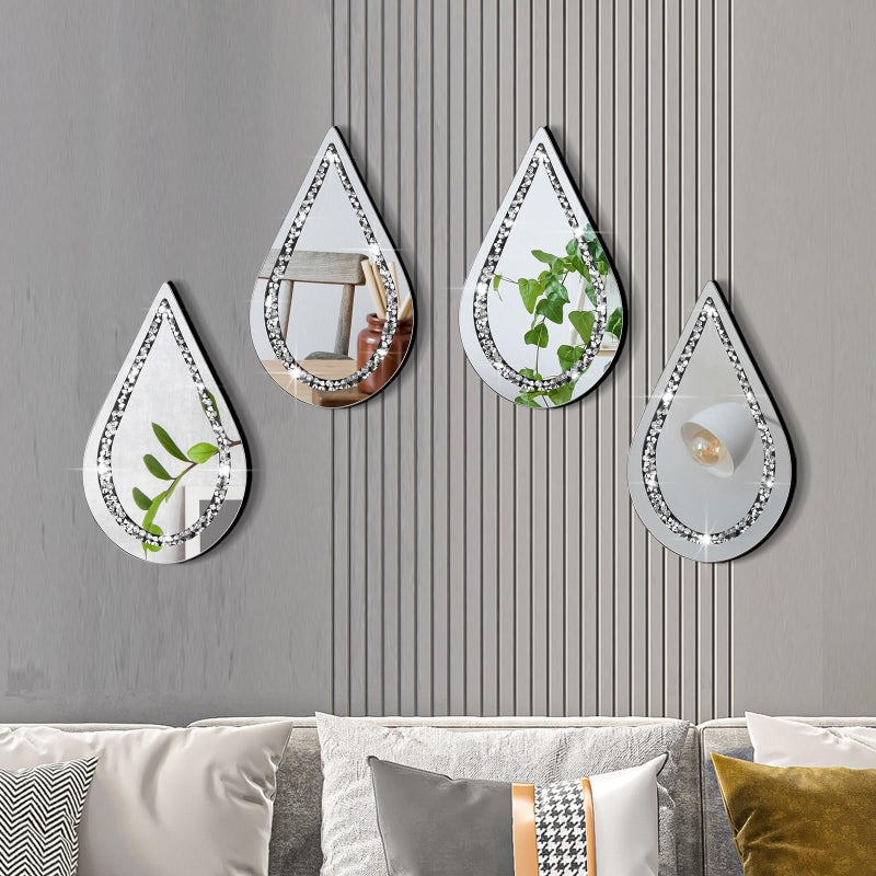 Yookeer 4 Pcs Silver Mirror Wall Decor Tear Drop Diamond Mirrors 118 x 67 Inches for Living Room Bedroom Bathroom Wall Decoration