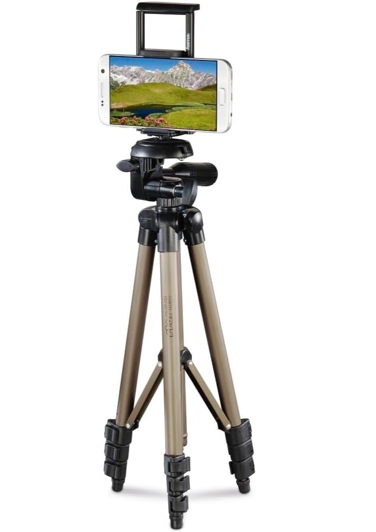 Hama Tripod for Smartphone & Tablet, 36.5–106 cm, 3-Way 3D Head, 500 g Load, Aluminium Tripod with Universal Phone & Tablet Holder, Spirit Level & Quick Locks – Champagne - Image 1