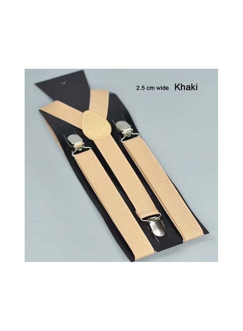 1-Piece 2.5CM Width Adjustable Elastic Y Style Suspenders,Unisex Braces for Men and Women With Strong Metal Clips,Colour Khaki - Image 1