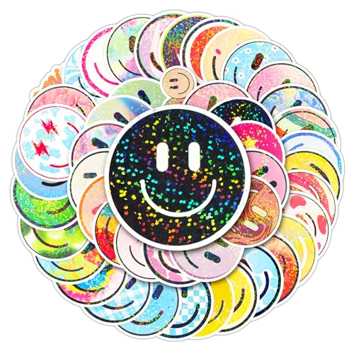 Wercokt 50PCS Smiling Glitter Stickers Cute Water Bottle Stickers for Kids for Teaching Rewards Notebooks Stationery Luggage Cartoon PVC Happy Sticker - Image 1