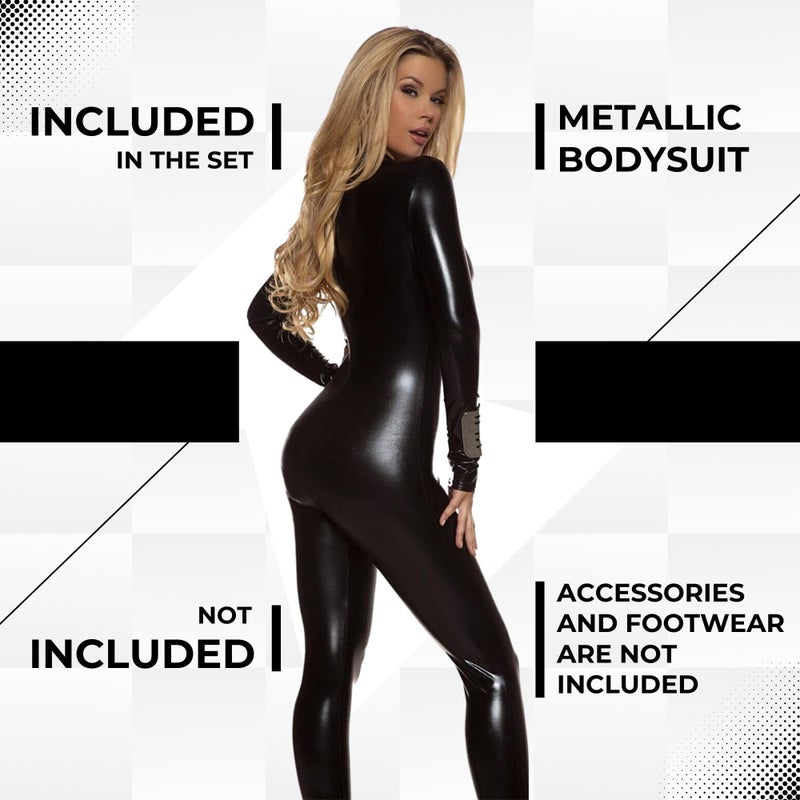 Forplay Women's Metallic Zip Front Mock Neck Catsuit Black Small/Medium - Image 3
