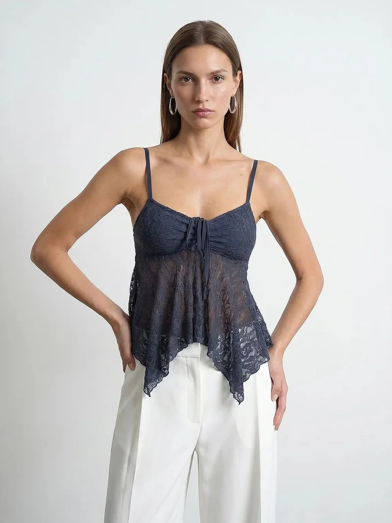ديلفين DILVIN Lace Tie-front Sleeveless Blouse