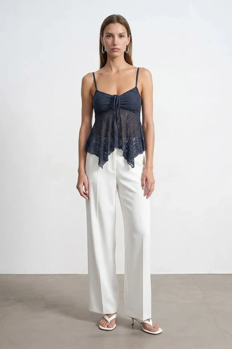 Dilvin Navy Blue DILVIN Lace Tie-front Sleeveless Blouse for Women | Best Price UAE