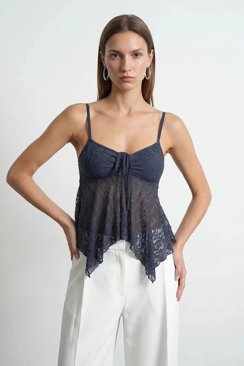 Dilvin Navy Blue DILVIN Lace Tie-front Sleeveless Blouse for Women | Best Price UAE