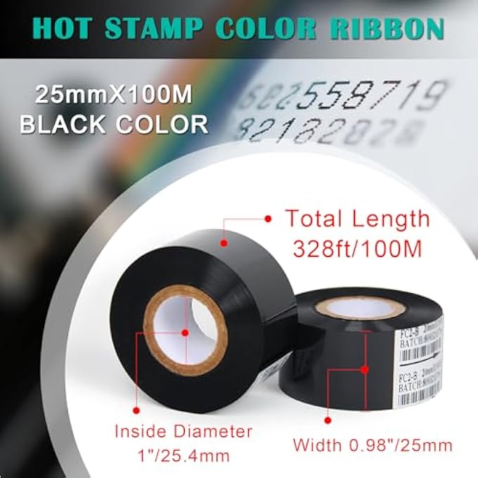 10 ROLLS 25MM X 100M BLACK THERMAL TRANSFER RIBBON RESIN FOR CODER PRINTER MACHINE, BLACK COLOR RIBBON FOR CODING MACHINE - Image 2