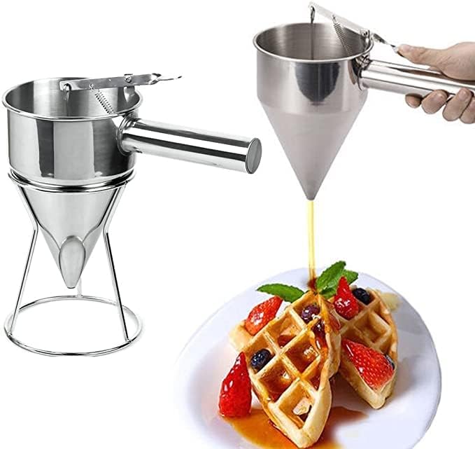 JUDEE Pancake Batter Dispenser with Handle Rack Silicone Mouths I Stainless Steel Octopus Ball Funnel I Heavy Duty Baking Tool I Maker for Cupcakes Crepes Muffin Waffles Chocolate balls - Image 1