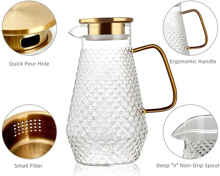 Azonee Glass Pitcher, 50oz/1.5 L Glass Water Jug, Modern Style Borosilicate Glass Jug with Metal Lid & Spout for Tea/Juice/Beverage/Coffee/Milk, Cold and Heat resistance - Image 2