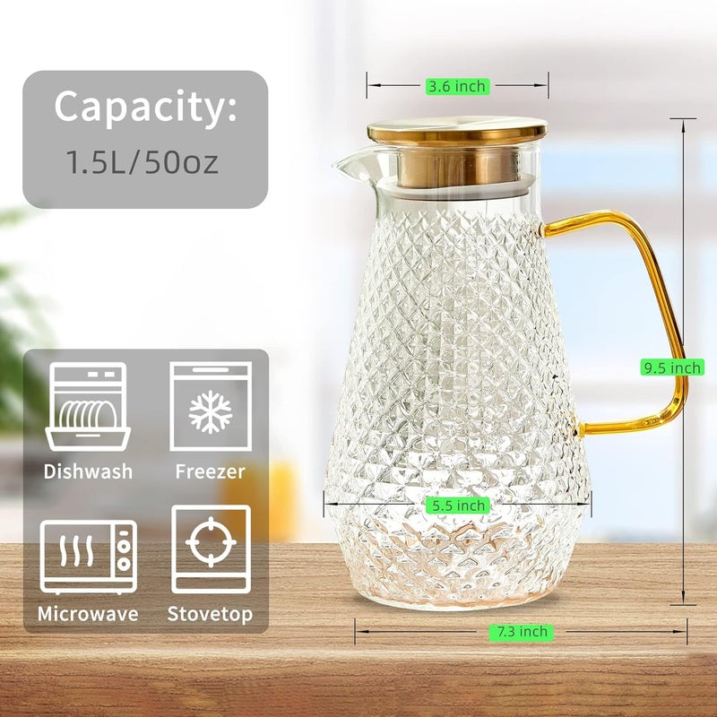 Azonee Glass Pitcher, 50oz/1.5 L Glass Water Jug, Modern Style Borosilicate Glass Jug with Metal Lid & Spout for Tea/Juice/Beverage/Coffee/Milk, Cold and Heat resistance - Image 3